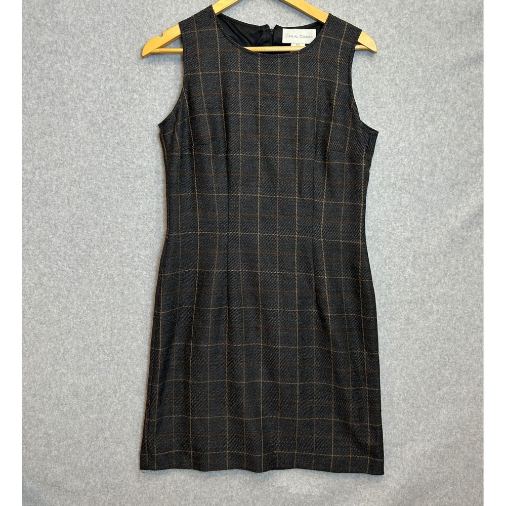 Casual Corner Size 6 Sleeveless Wool Dress Gray Plaid Dark Academic Prep Office